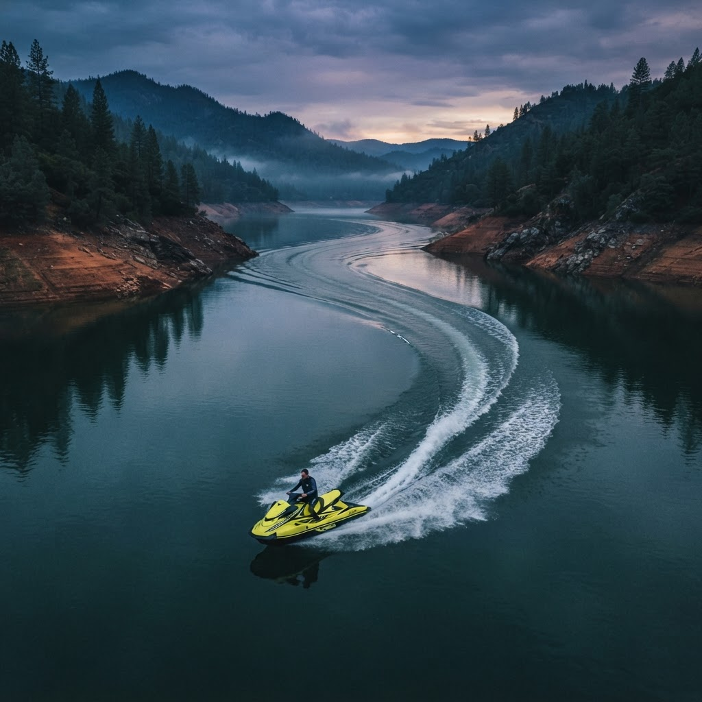 Aerial view at dawn of a jet ski carving a wake across glassy water on Lake Shasta