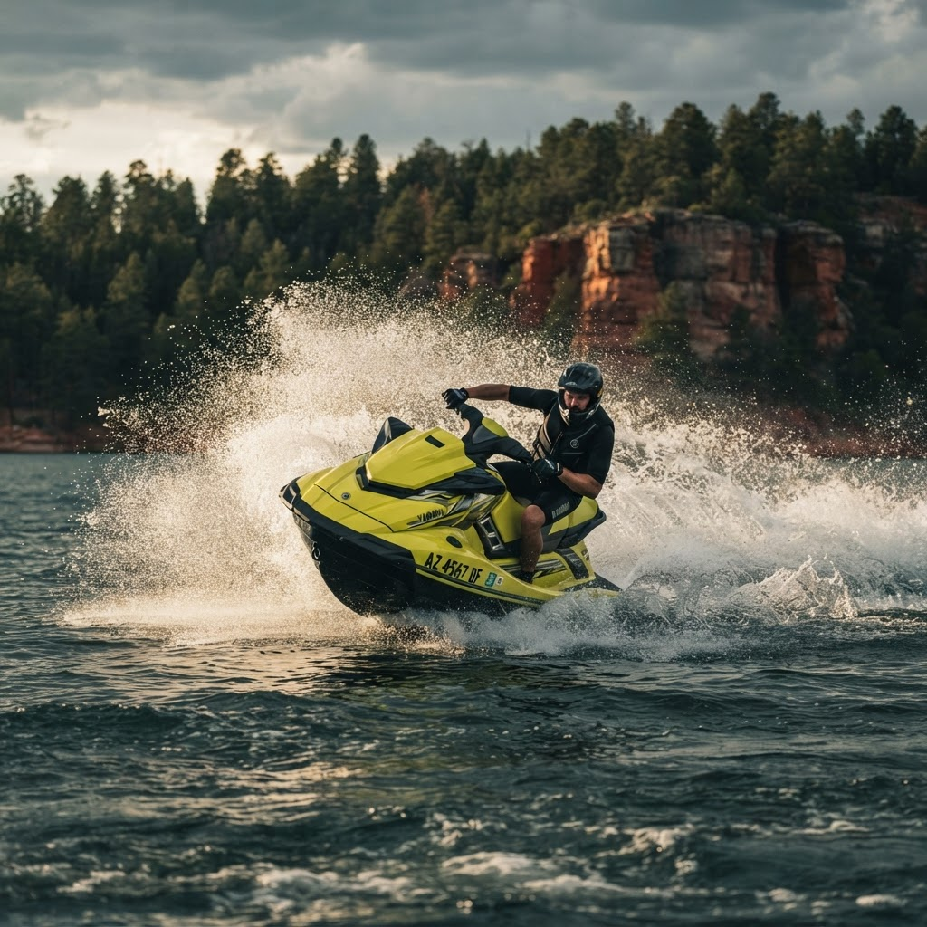 Low angle action shot of a jet ski throwing a fan of backlit spray during a hard turn