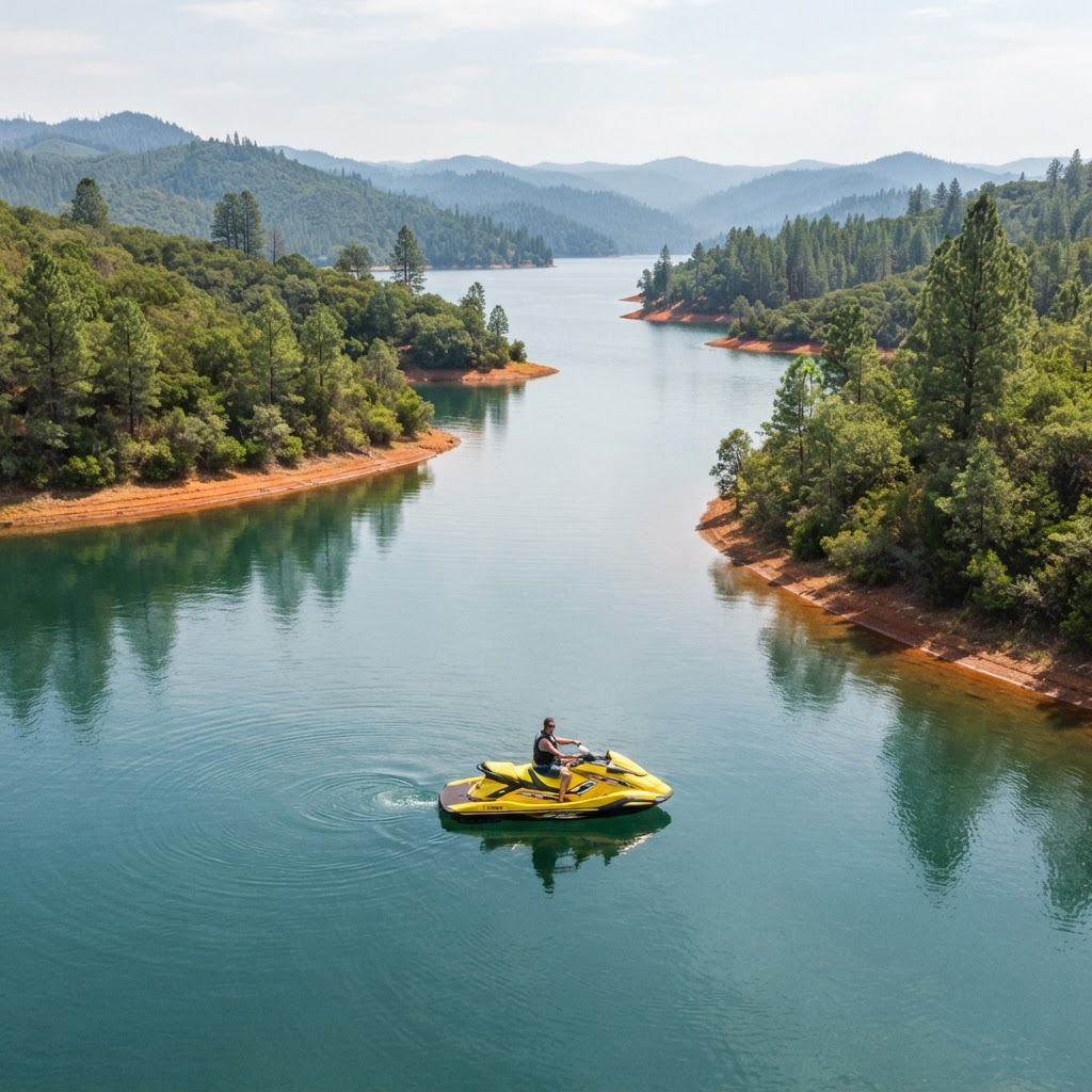 A jet ski idling in a quiet Lake Shasta cove framed by pine-covered hills and red clay banks