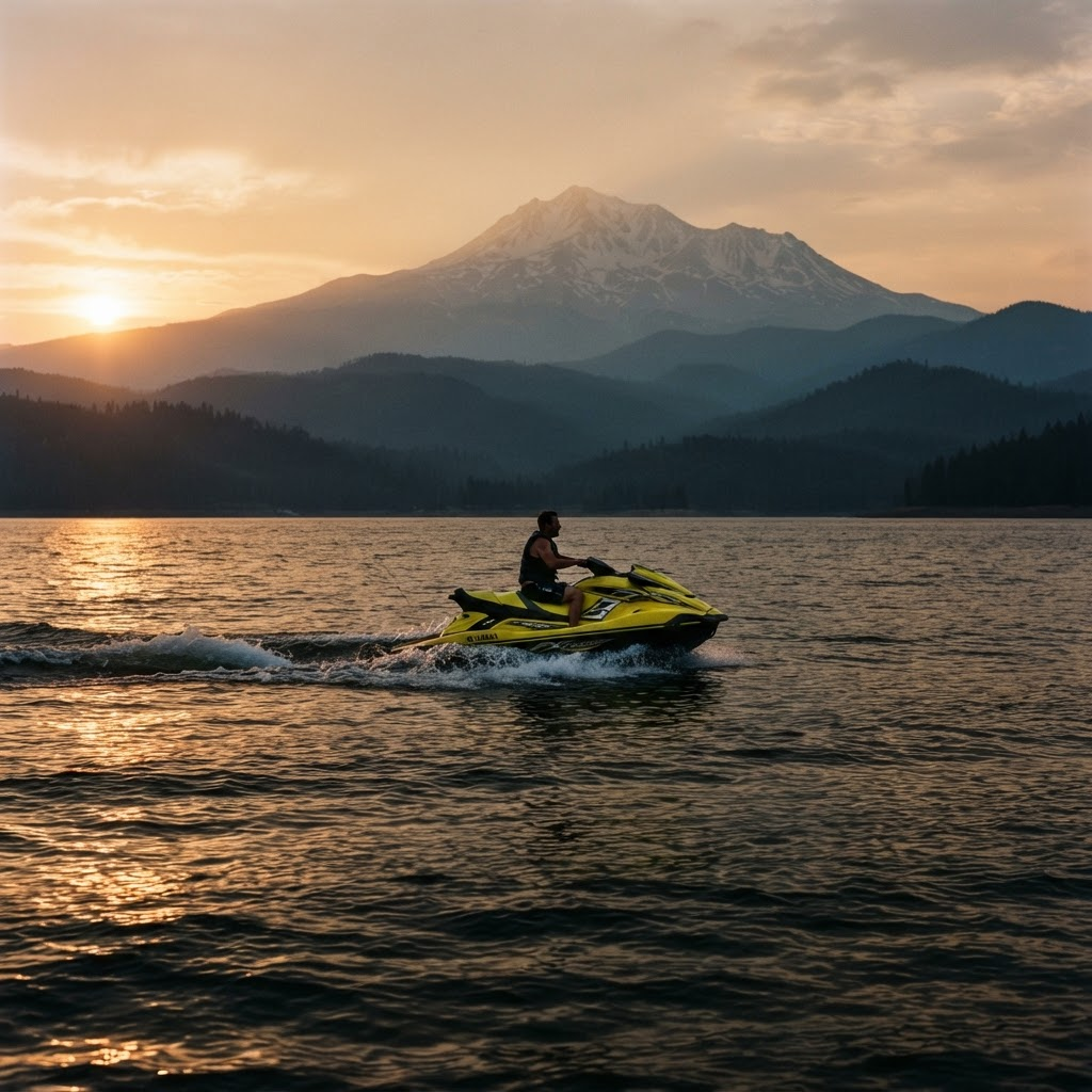 A jet ski cruising open water at golden hour with Mount Shasta hazy in the distance