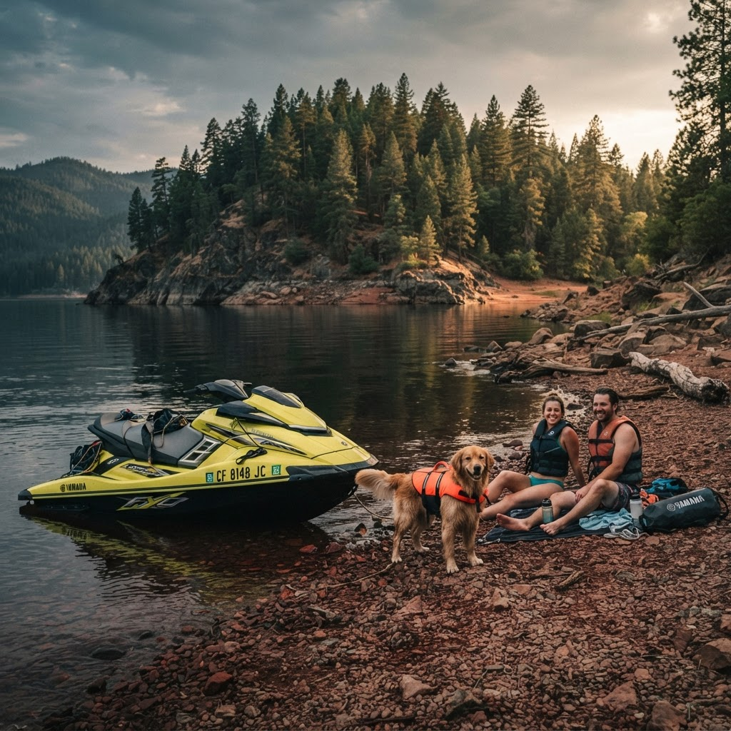 A jet ski beached on a red clay shoreline with a dog in a life jacket standing nearby