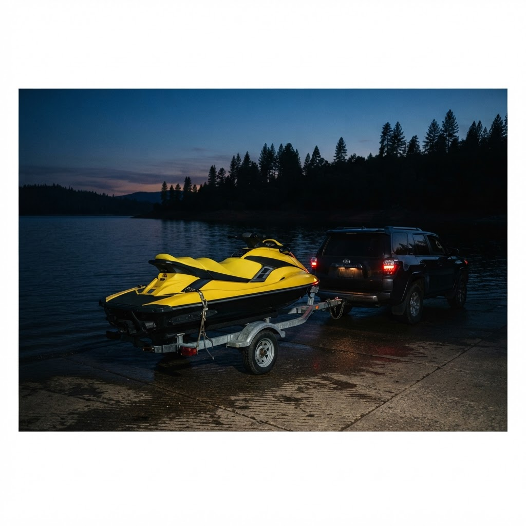 A jet ski loaded on a trailer behind an SUV at a boat ramp at dusk