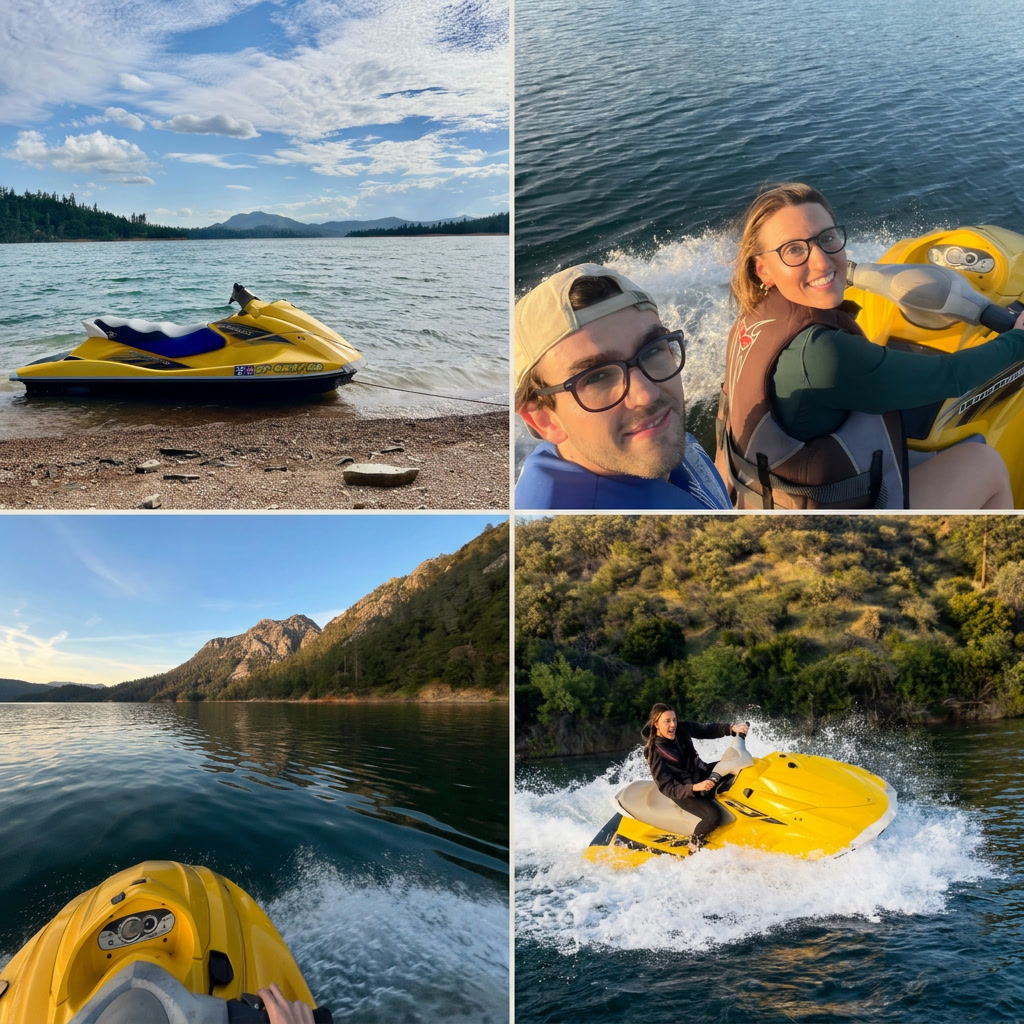 Four-panel collage of a dog in sunglasses, riders carving a yellow WaveRunner, and Lake Shasta views